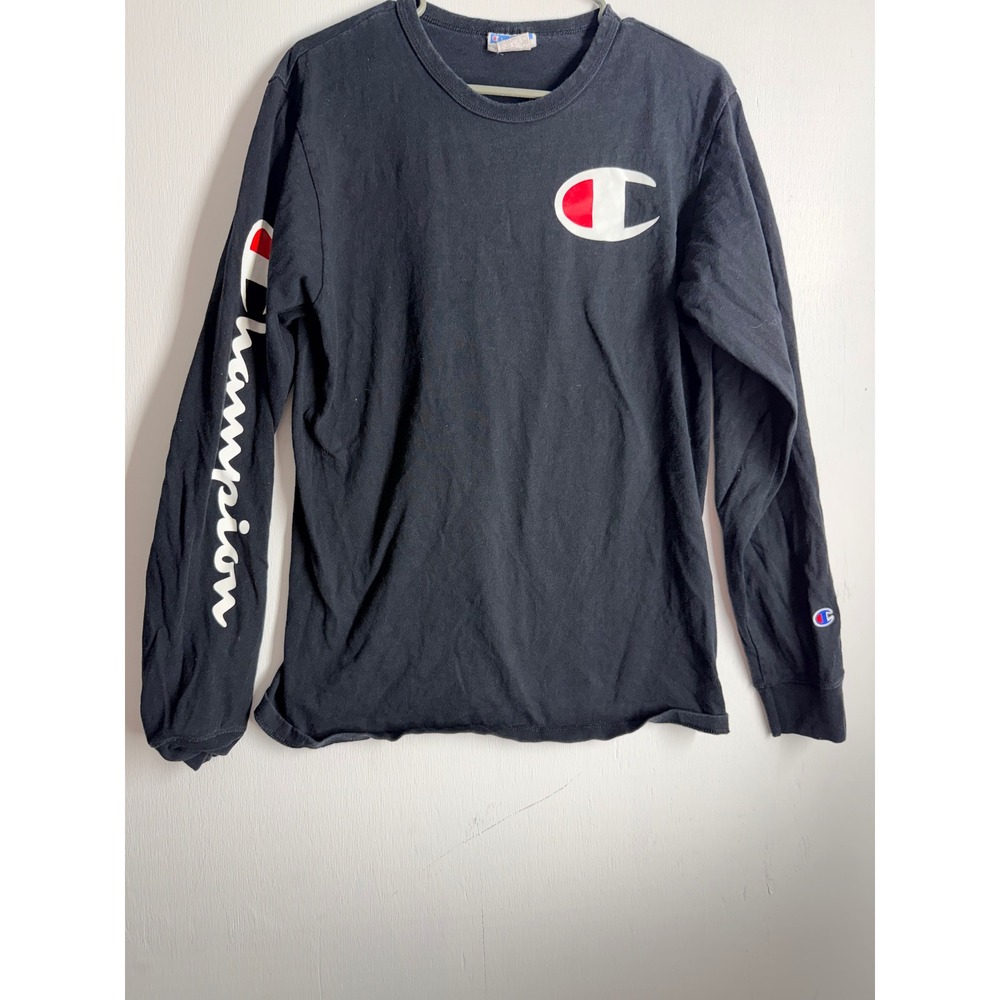 Champion Long Sleeve Graphic T-Shirt Black Big C Logo Script Sleeve Mens Medium - Picture 2 of 6